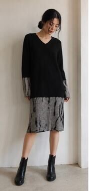 Suzusan 100% Cashmere Black Gray Knit Sweater Dress Size S Made in Japan
